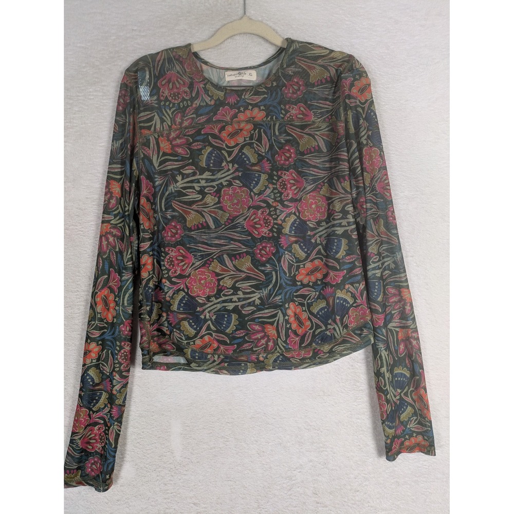Natural Life Mesh Top Women's XL Multicolor Floral Long Sleeve Sheer Stretch